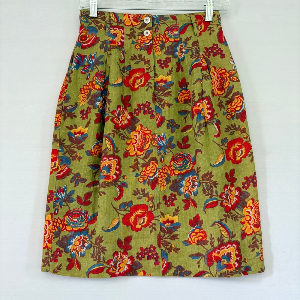 Vintage Floral Linen Blend ALine Skirt Olive Green High Waist Midi Pockets Italy
